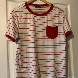 SHEIN red white striped pocket tee shirt medium